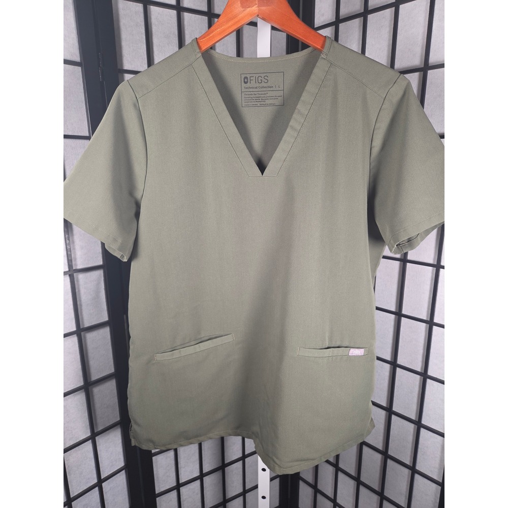Figs Casma Scrub Top Dark Olive Green V-Neck Technical Collection Women Large